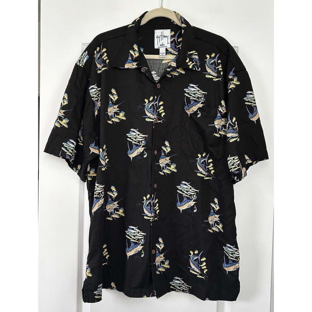 Guy Harvey Aftco Shirt Mens XL Black Bluewater Fish All Over Print Button Up USA
